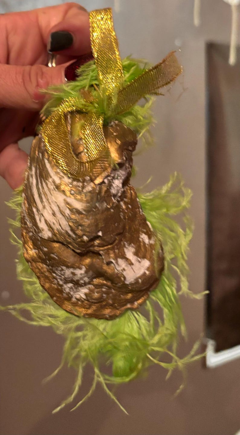 Lime Green Christmas Feather Oyster Ornaments 5 Large/medium in a Set