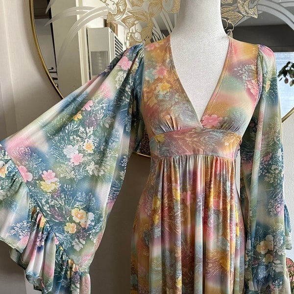 Vintage 70’s Rainbow Floral Angel Wing Sleeve Dress