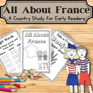 Könnte beinhalten: Schwarz-weiße druckbare Arbeitsblätter für eine Länderkunde über Frankreich. Die Arbeitsblätter beinhalten eine Karte von Frankreich, eine Nachzeichnungsaktivität und eine Begrüßung auf Französisch. Der Text auf den Arbeitsblättern lautet "All About France" und "Hallo auf Französisch Bonjo (bon* zhoor)".