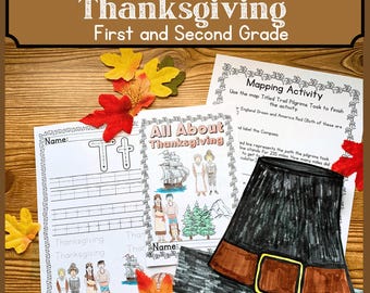 May include: A set of printable Thanksgiving-themed educational worksheets for first and second grade students. The worksheets include a tracing activity, a map activity, and a coloring page. The worksheets feature images of pilgrims, Native Americans, and a ship.