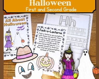 Puede incluir: Una hoja de trabajo imprimible para estudiantes de primer y segundo grado sobre Halloween. La hoja de trabajo incluye una página para colorear de un fantasma, una bruja y una calabaza. La hoja de trabajo también incluye un ejercicio de escritura sobre calabazas. El texto en la hoja de trabajo dice "All About Halloween" y "Jack-o-Lanterns".