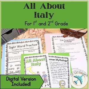 May include: Educational worksheets titled "All About Italy" for 1st and 2nd grade students. The worksheets include sight word practice, comprehension exercises, and Roman mythology lessons. The phrase "Digital Version Included!" is also visible.