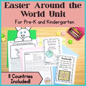 Puede incluir: Unidad educativa con temática de Pascua para preescolar y jardín de infancia. Incluye páginas de actividades con ilustraciones de conejitos, el texto "If I were the Easter Bunny" y una página sobre Guatemala. La unidad incluye 11 países.