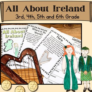 Op de afbeelding: Een printbaar educatief activiteitenpakket voor kinderen die leren over Ierland. Het pakket bevat een kaart van Ierland, een harp en een meisje en een jongen gekleed in traditionele Ierse kleding. De tekst op de pagina luidt "All About Ireland 3rd, 4th, 5th and 6th Grade" en "Where in the World?" en "Harp" en "Context".