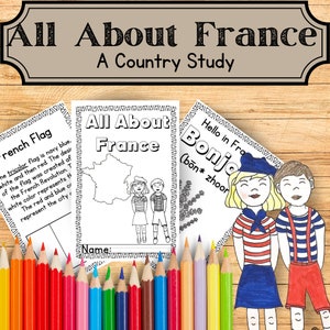 Könnte beinhalten: Ein ausdruckbares Arbeitsblatt zum Lernen über Frankreich. Das Arbeitsblatt zeigt eine Karte von Frankreich, eine französische Flagge und zwei Kinder in traditioneller französischer Kleidung. Der Text auf dem Arbeitsblatt lautet "Alles über Frankreich", "Französische Flagge" und "Hallo auf Französisch, Bonjour".