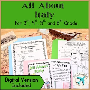 May include: Educational materials for 3rd to 6th grade students about Italy. Includes worksheets, maps, and information on Italy's flag. The title "All About Italy" is displayed in large text, with "Digital Version Included" also visible.