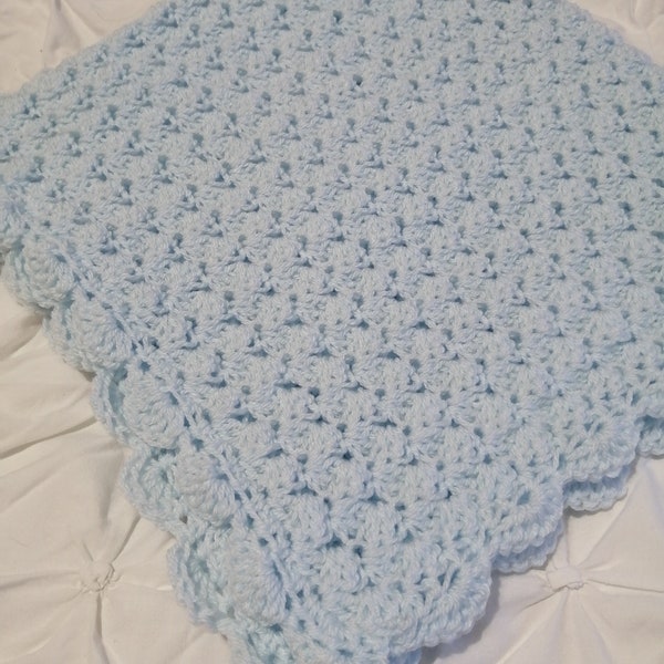 Hand crochet baby pram blanket baby blue