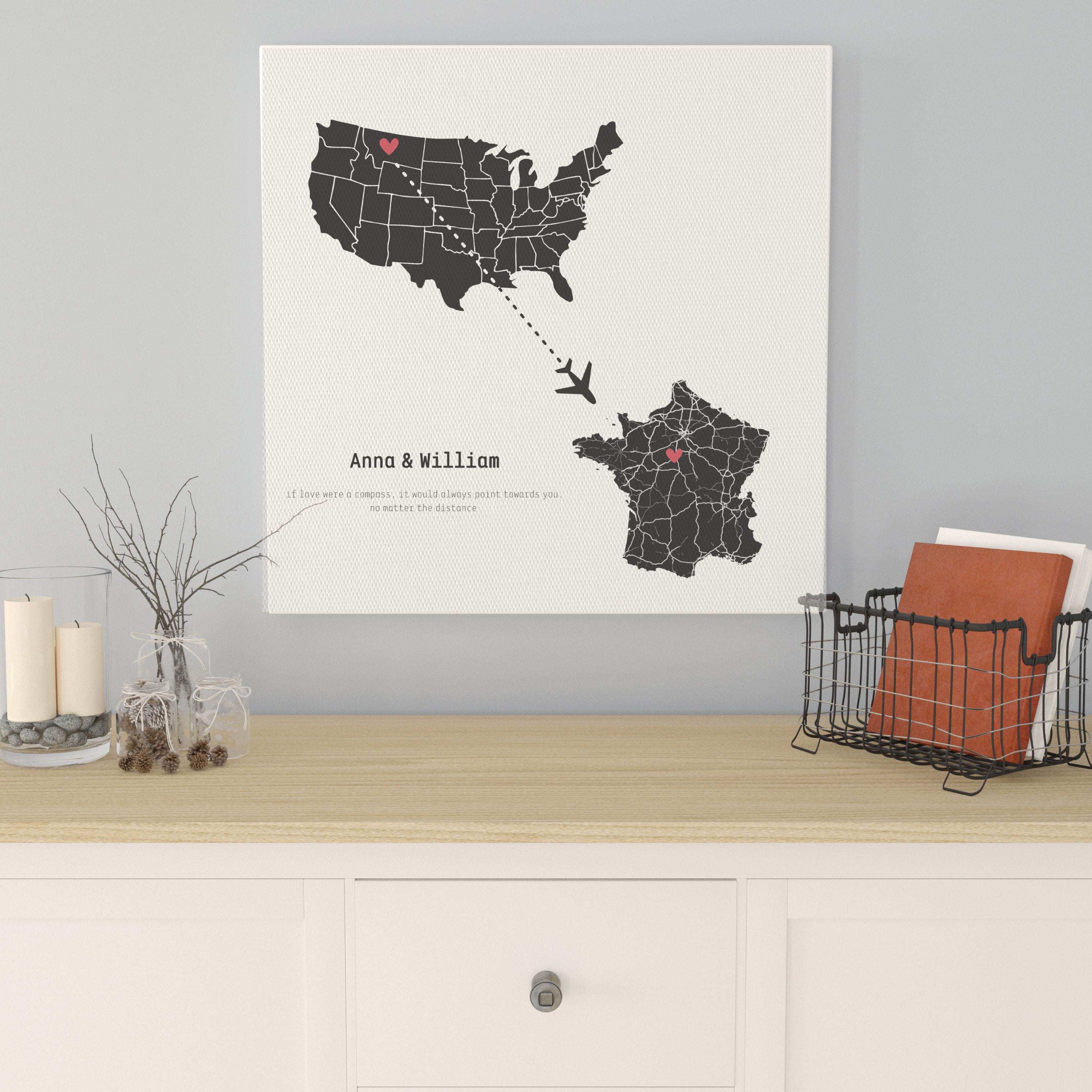Custom Map Canvas of 2 Countries, Long Distance Relationship Gift for ...