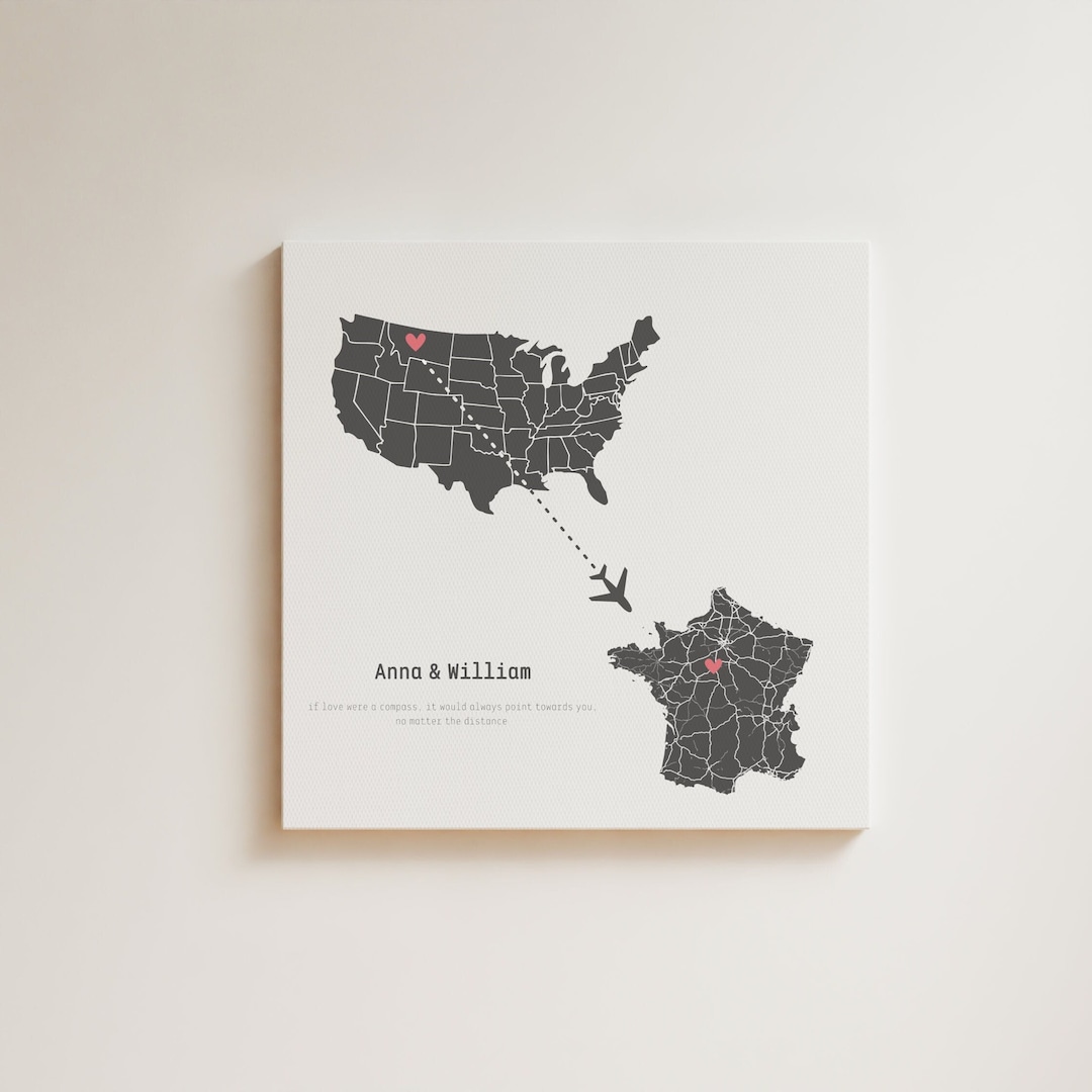 Custom Map Canvas of 2 Countries, Long Distance Relationship Gift for