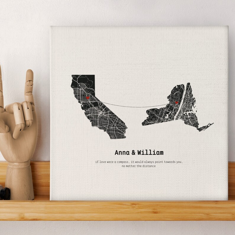 Custom Map Canvas of 2 States, Long Distance Relationship Gift for ...