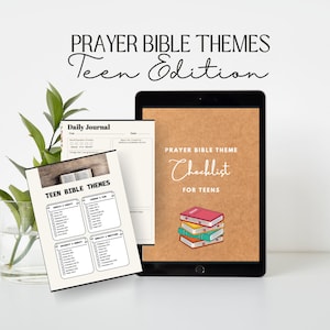 May include: A printable checklist for teens to use for prayer and bible study. The checklist is on a brown background with a stack of books and the text "Prayer Bible Theme Checklist for Teens".