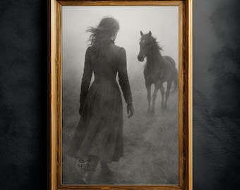 Foggy Field Horse and Woman Fine Art Black and White Photograph: Cinematic Victorian Western Wall Art, Moody Horse Photography Print