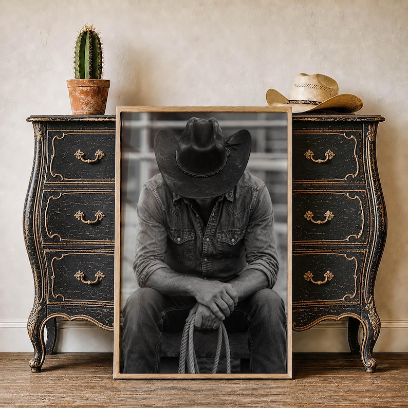 Western Rodeo Cowboy Poster Black And White Western Wall Art image 1