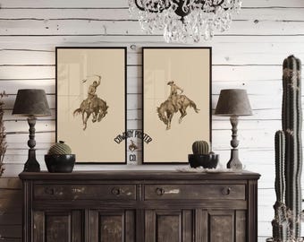 Bucking Bronco Poster Set: Vintage Cowboy Wall Art, Western Room Decor