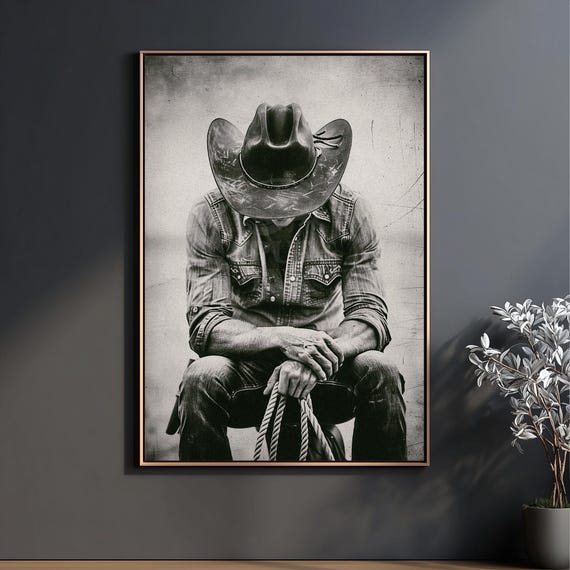 Cowboy Western Wall Art Print, Rustic Ranch Decor, Cowboy Rope Poster, Black and White Cowboy Photography, Gift for Him Rustic Office