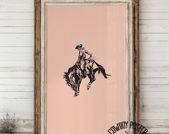Pink Western Cowboy Art Poster, Rodeo Bronco Rider, Vintage Horse Poster, Rustic Western Decor, Cowboy Wall Art, Country Home Gift, Boho