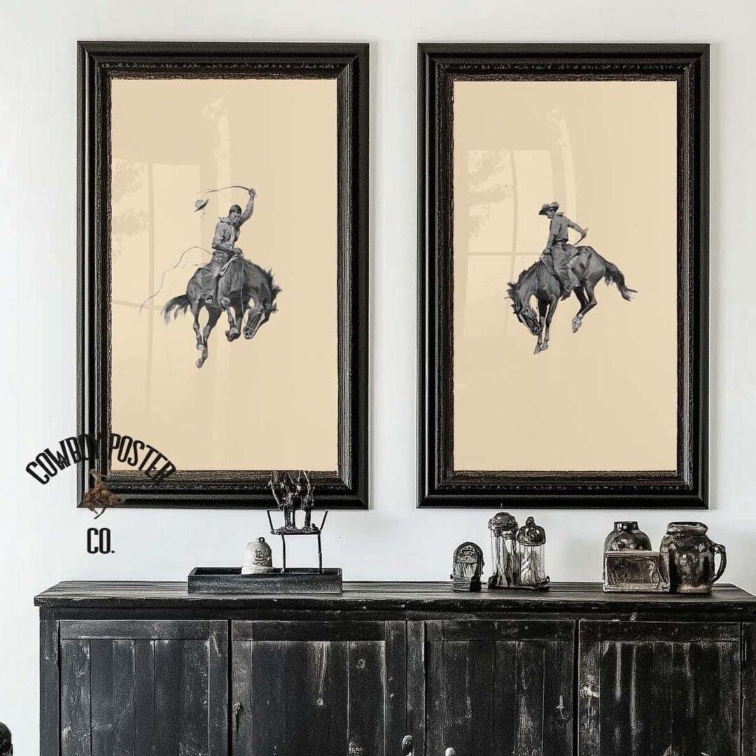 Western Room Poster Set, Bucking Bronco, Gift for Her, Cowboy Wall Art ...