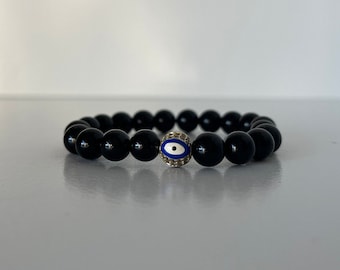 Black Tourmaline Bracelet with Evil Eye Charm: Protection Jewelry