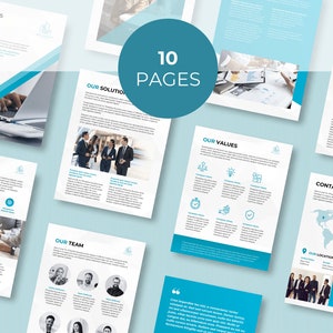 May include: A 10-page business profile brochure with a blue and white color scheme. The brochure includes sections for the company's mission, solutions, team, values, future, contact information, and locations.