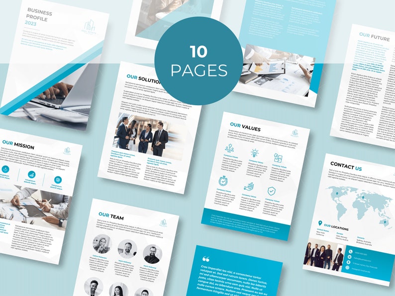 May include: A 10-page business profile brochure with a blue and white color scheme. The brochure includes sections for the company's mission, solutions, team, values, future, contact information, and locations.
