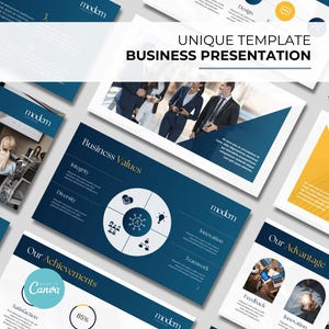 Könnte beinhalten: Eine Business-Präsentationsvorlage mit einem blauen und gelben Farbschema. Die Vorlage enthält eine Vielzahl von Folien, darunter eine Folie mit einem Firmenlogo, eine Folie mit Unternehmenswerten, eine Folie mit Leistungen und eine Folie mit einem Vorteil. Die Vorlage ist modern und professionell.