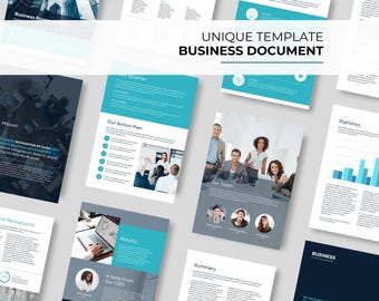 May include: A business document template with a blue and white color scheme. The document includes sections for our mission, action plan, team, results, summary, and statistics. The document is designed to be used for a variety of business purposes.
