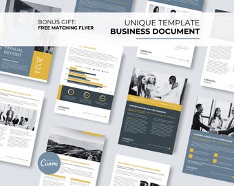 May include: A business document template with a yellow and gray color scheme. The document includes text, charts, and images. The text includes the words "Annual Report", "2024", "Sterling Advisors", and "Opportunities on the Horizon".