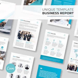 Peut inclure: Un modèle de rapport d'entreprise avec un schéma de couleurs bleu et blanc. Le modèle comprend des sections pour la mission, la solution, l'équipe, les valeurs et les coordonnées de l'entreprise. Le modèle est conçu pour être utilisé dans un contexte professionnel.