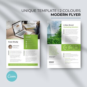May include: A modern flyer template with a green and white color scheme. The flyer features a case study with a photo of a person and a laptop, and a section about a new brand marketing solution with a green background and three pie charts.