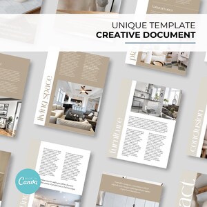 Op de afbeelding: Een set beige en witte interieurontwerp sjablonen met tekstoverlays. De tekst omvat "woonruimte", "meubilair", "conclusie", "achtergrond" en "handeling".