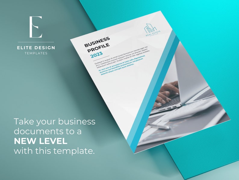 May include: A white business profile template with a blue and white diagonal stripe design. The template features the text "BUSINESS PROFILE 2023" and a person's hands typing on a laptop. The text "Take your business documents to a NEW LEVEL with this template." is at the bottom of the image.