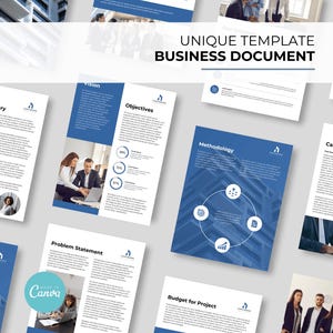May include: A business document template with a blue and white color scheme. The template includes sections for an executive summary, vision, objectives, methodology, problem statement, budget for project, and case studies. The template is designed to be used for a variety of business purposes.