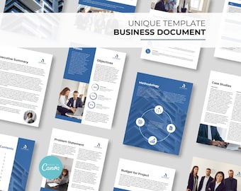 May include: A business document template with a blue and white color scheme. The template includes sections for an executive summary, vision, objectives, methodology, problem statement, budget for project, and case studies. The template is designed to be used for a variety of business purposes.