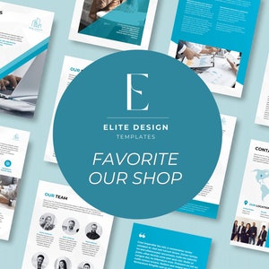 May include: A teal blue circle with the letter "E" in white and the text "ELITE DESIGN TEMPLATES FAVORITE OUR SHOP" in white. The circle is in front of a light blue background with several white pages with blue accents. The pages contain text and images related to business profiles, mission statements, team members, contact information, and future plans.