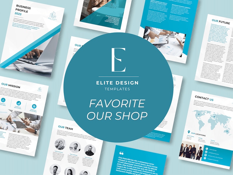 May include: A teal blue circle with the letter "E" in white and the text "ELITE DESIGN TEMPLATES FAVORITE OUR SHOP" in white. The circle is in front of a light blue background with several white pages with blue accents. The pages contain text and images related to business profiles, mission statements, team members, contact information, and future plans.