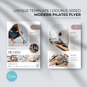 Ulotka Pilatesa Plakat zajęć jogi Ulotka fitnessowa Nowoczesny Piękny Unikalny Szablon Canva Ulotka Marketing bez twarzy O nas Ulotka dwustronna