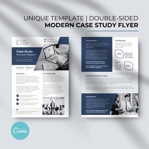 May include: A black and white case study flyer template with a blue header and text that reads "Case Study Annual Report". The flyer includes sections for "Overview", "The Challenge", "The Solution", "Implementing New Ideas", "The Results", and "Conclusion".