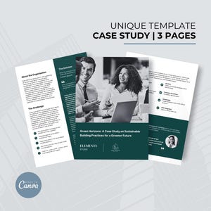 May include: A three-page case study template with a green and white colour scheme. The template features a photo of two people discussing a laptop computer. The text on the template reads "Green Horizons: A Case Study on Sustainable Building Practices for a Greener Future".