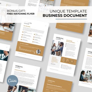 May include: A business document template with a gold and white colour scheme. The document is titled "Unique Template Business Document" and features the text "Sterling Advisors" throughout. The document includes images of people in business settings.