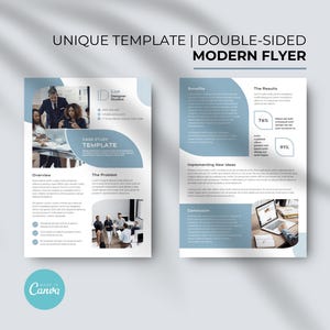 May include: A double-sided flyer template with a blue and white color scheme. The front side features a case study template with the text "Case Study Template" and a photo of people working together. The back side features a section titled "The Results" with a 76% and 91% success rate. The flyer also includes sections titled "Benefits", "Implementing New Ideas", and "Communication".