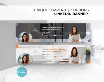 Könnte beinhalten: Zwei LinkedIn-Banner-Vorlagen für einen Immobilienmakler. Das obere Banner hat einen schwarzen Hintergrund mit einem weißen Haussymbol und dem Text "Find Your Perfect Place with Us Your Dream Home Awaits!" Das untere Banner hat einen weißen Hintergrund mit einem orangefarbenen Haussymbol und dem Text "Find Your Perfect Place with Us Your Dream Home Awaits!" Beide Banner zeigen eine Frau in professioneller Kleidung und ein Porträt.