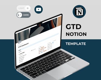 May include: A laptop computer displaying a Notion GTD Dashboard template. The screen shows a list of tasks and a calendar. The laptop is on a dark blue background with the text "GTD Notion Template" and a Notion logo.