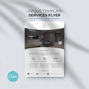 Può includere: Un volantino in bianco e nero con il testo "UNIQUE TEMPLATE SERVICES FLYER" in alto. Il volantino pubblicizza servizi immobiliari, tra cui la vendita di immobili, il marketing e l'home staging. Il volantino include un numero di telefono, un indirizzo email e un indirizzo postale.
