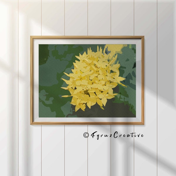 Printable/Digital Wall Art | Yellow Ixora with Green Background Painting for Home/Office/Room Deco