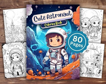 May include: A black and white coloring book cover featuring a cute astronaut in a spacesuit with a blue and purple background. The cover also includes the title "Cute Astronaut Coloring Book" and the text "80 Pages".