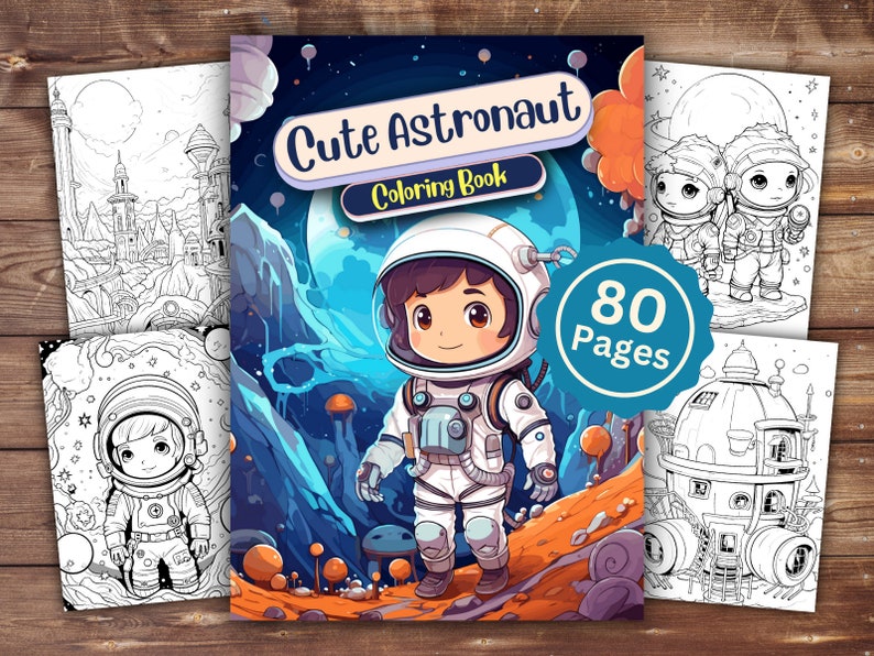 May include: A black and white coloring book cover featuring a cute astronaut in a spacesuit with a blue and purple background. The cover also includes the title "Cute Astronaut Coloring Book" and the text "80 Pages".