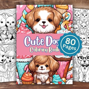 May include: A coloring book featuring cute dogs with a pink, blue, and white color scheme. The cover features a Shih Tzu dog with a cupcake and candy cane. The title of the book is "Cute Dog Coloring Book" and the subtitle is "80 Pages".