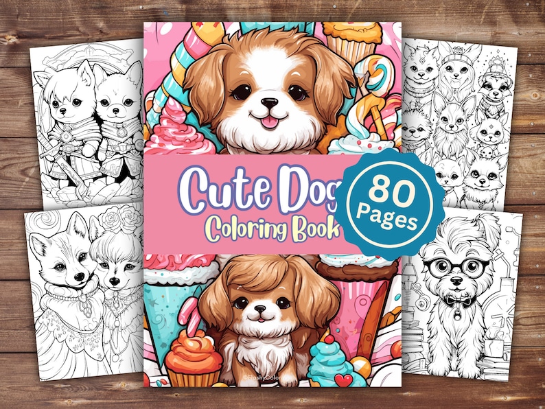 May include: A coloring book featuring cute dogs with a pink, blue, and white color scheme. The cover features a Shih Tzu dog with a cupcake and candy cane. The title of the book is "Cute Dog Coloring Book" and the subtitle is "80 Pages".