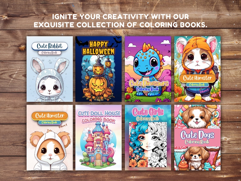 Puede incluir: Una colecci&oacute;n de ocho portadas de libros para colorear con temas de animales lindos y festivos. Las portadas incluyen un conejo, un h&aacute;mster, un dinosaurio, una casa de mu&ntilde;ecas, chicas, perros y una calabaza de Halloween.