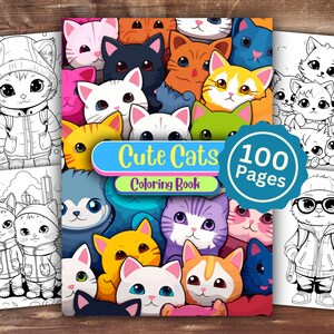 Puede incluir: Un libro para colorear con gatos lindos en varias poses. La portada muestra una ilustraci&oacute;n colorida de muchos gatos con el t&iacute;tulo "Cute Cats Coloring Book" y "100 Pages".